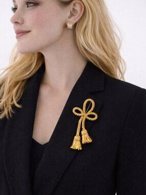 Vintage Givenchy Gold Rope Tassel Bow Brooch Statement Pin Designer
